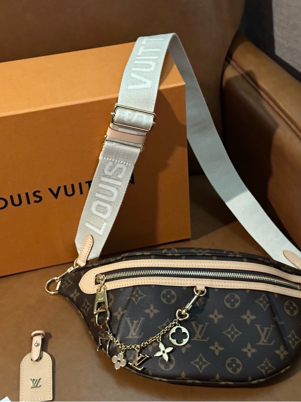 Louis Vuitton Monogram Crossbody Bumbag with Cream Strap-Brand New-Charm Not inc